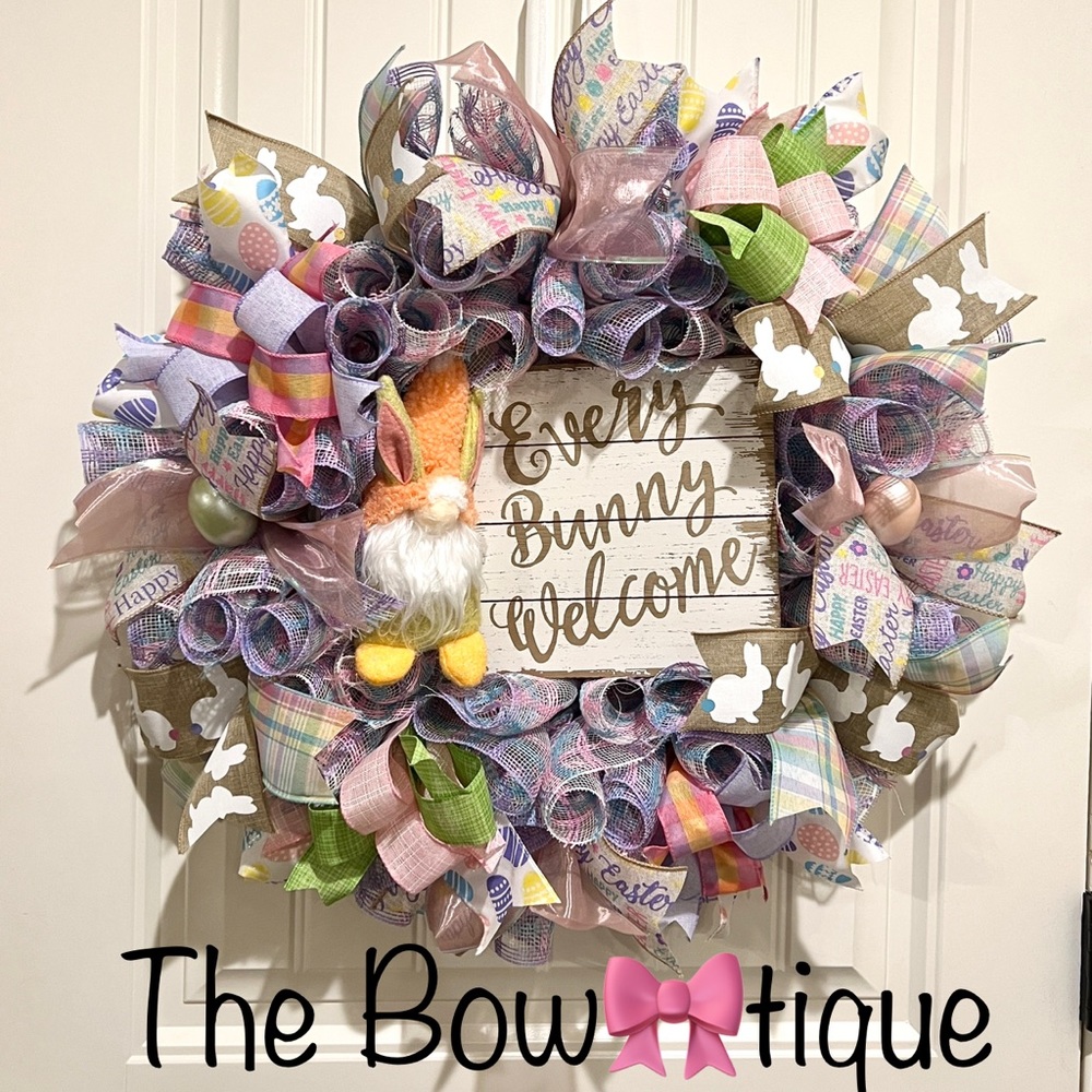 23” Easter Ribbon Wreath Bunny Gnome in Pink, Purple & White Handmade W6